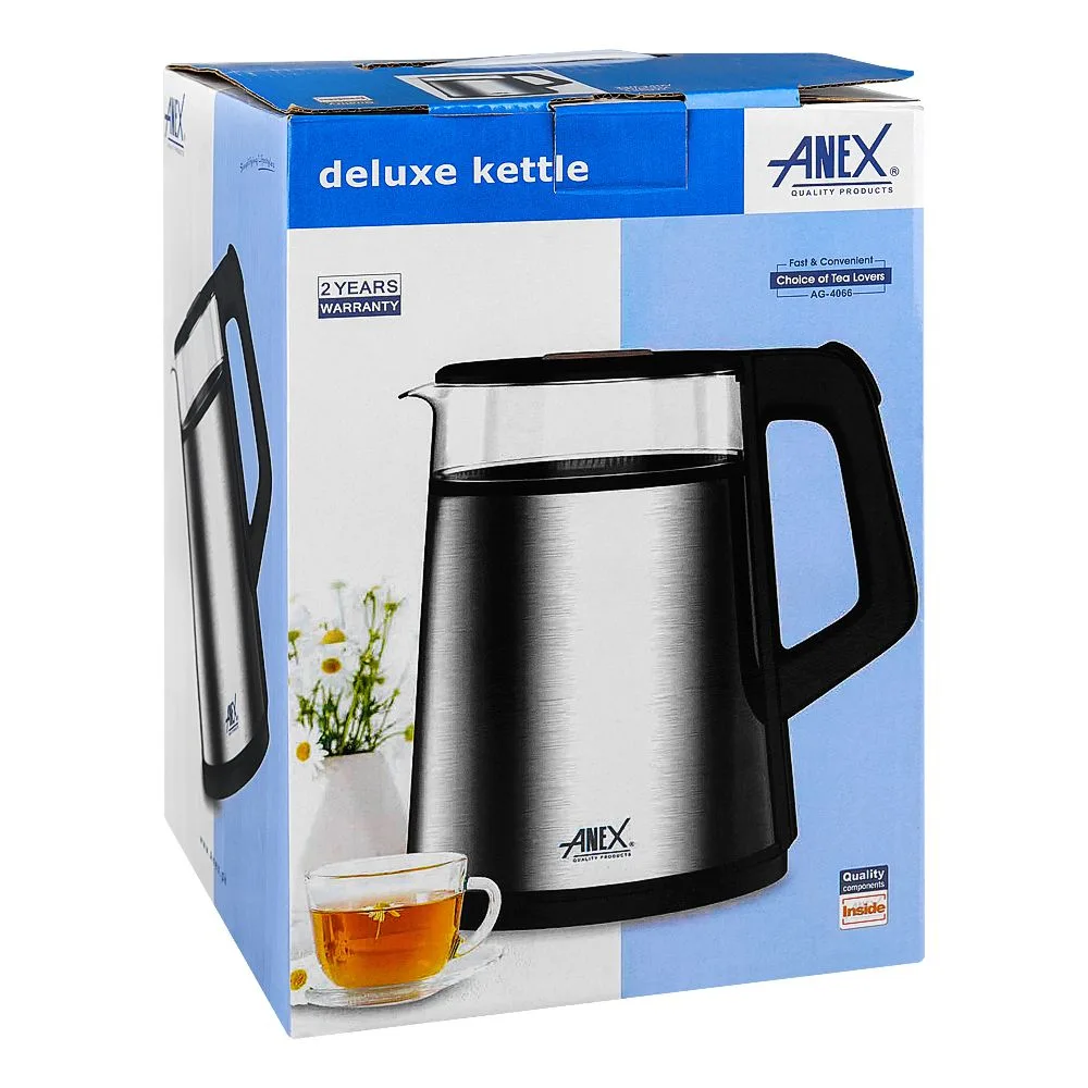 Side view of anex deluxe electric kettle, 1500ml capacity, 1350w, black & silver, ag-4066