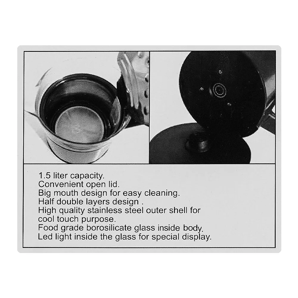 Close-up design of anex deluxe electric kettle, 1500ml capacity, 1350w, black & silver, ag-4066