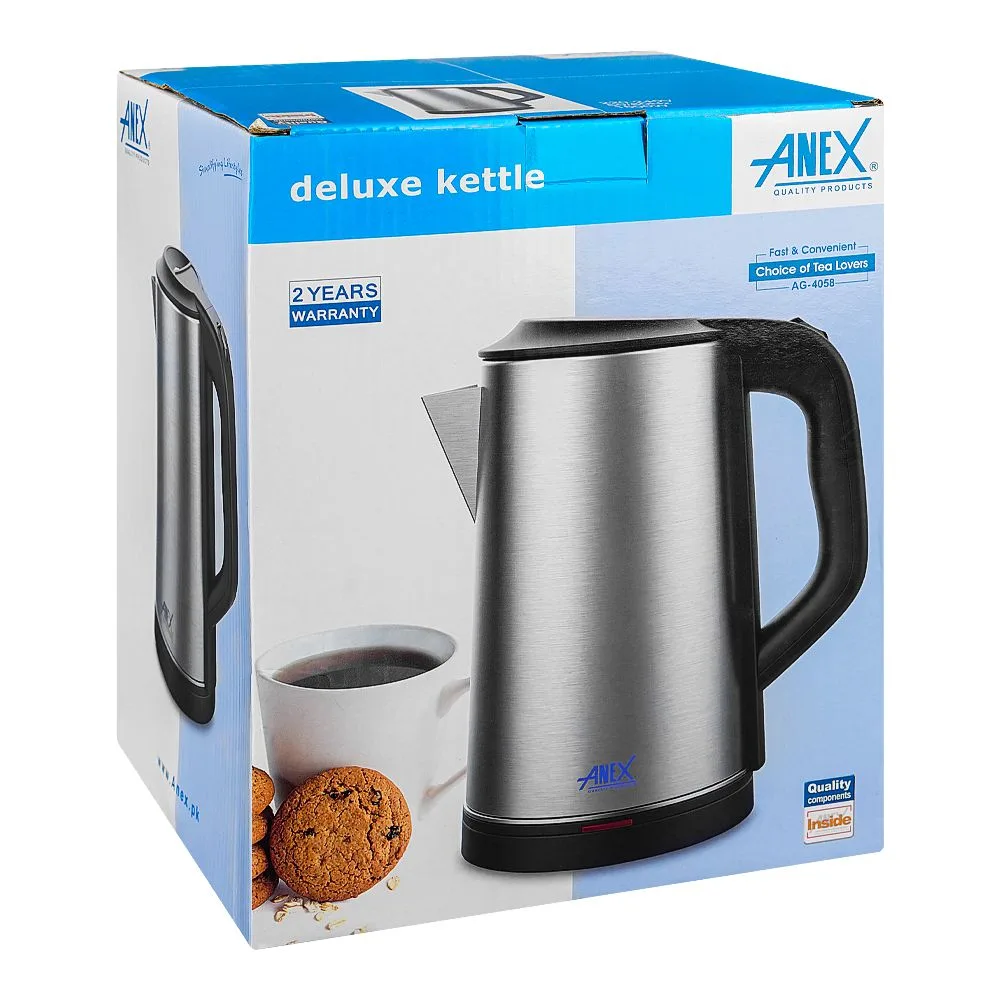 Comfortable casual anex deluxe electric kettle, 2500ml capacity, 1500w, black & silver, ag-4058