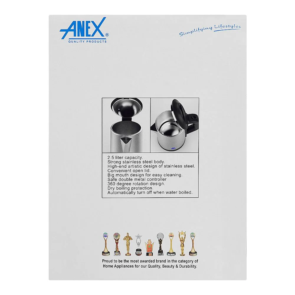 Close-up design of anex deluxe electric kettle, 2500ml capacity, 1500w, black & silver, ag-4058