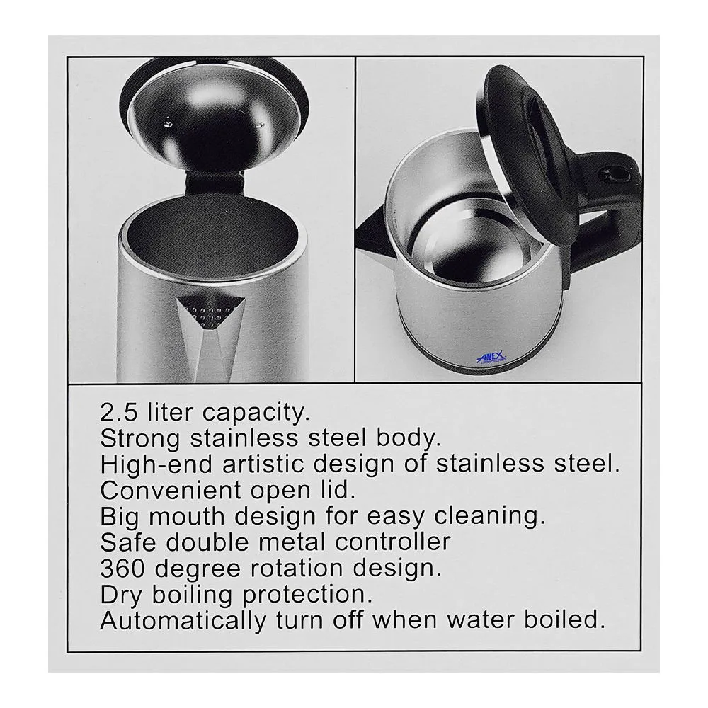 Premium everyday wear anex deluxe electric kettle, 2500ml capacity, 1500w, black & silver, ag-4058