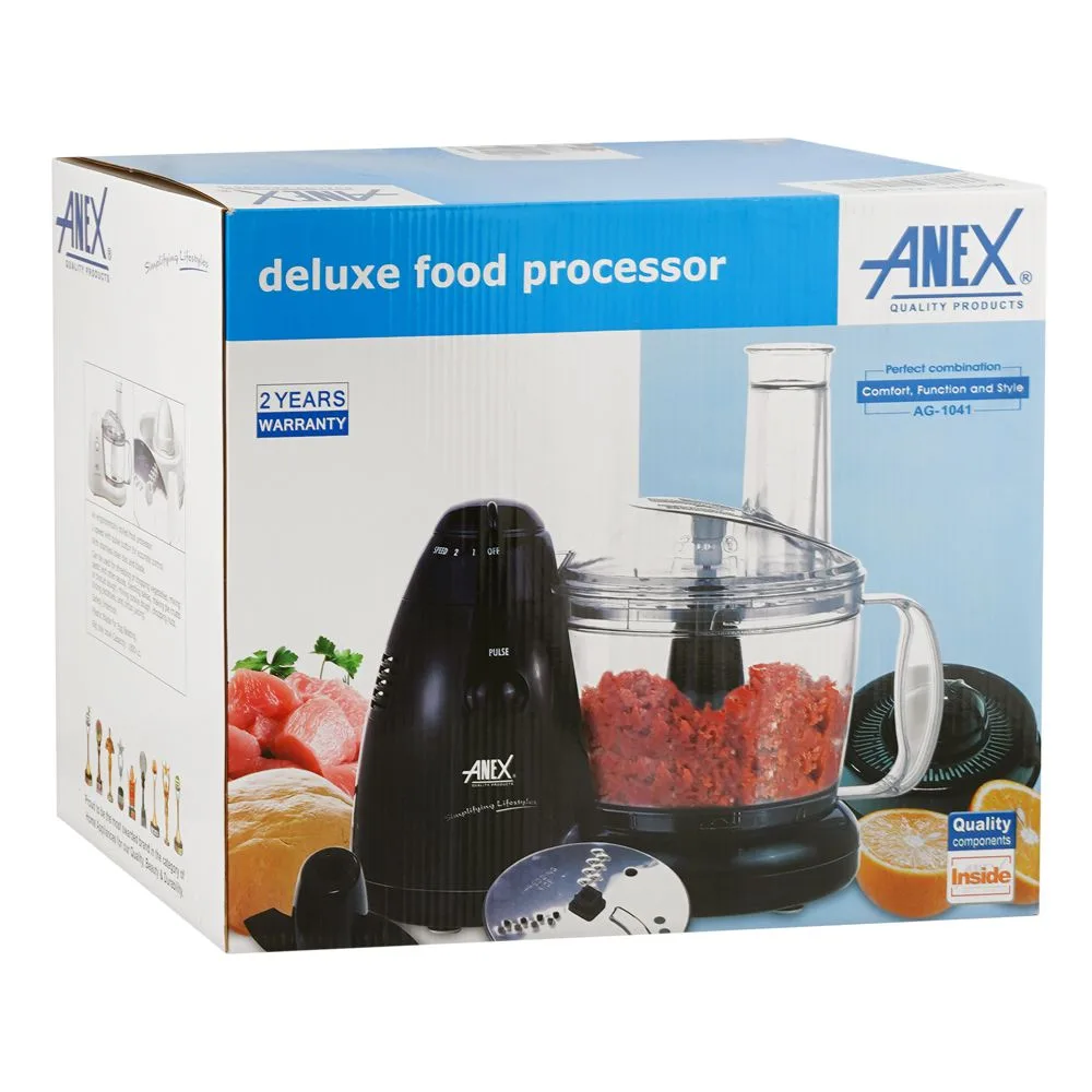 Side view of anex deluxe food processor, 450w, 220v-240v, 1800ml bowl, black, ag-1041