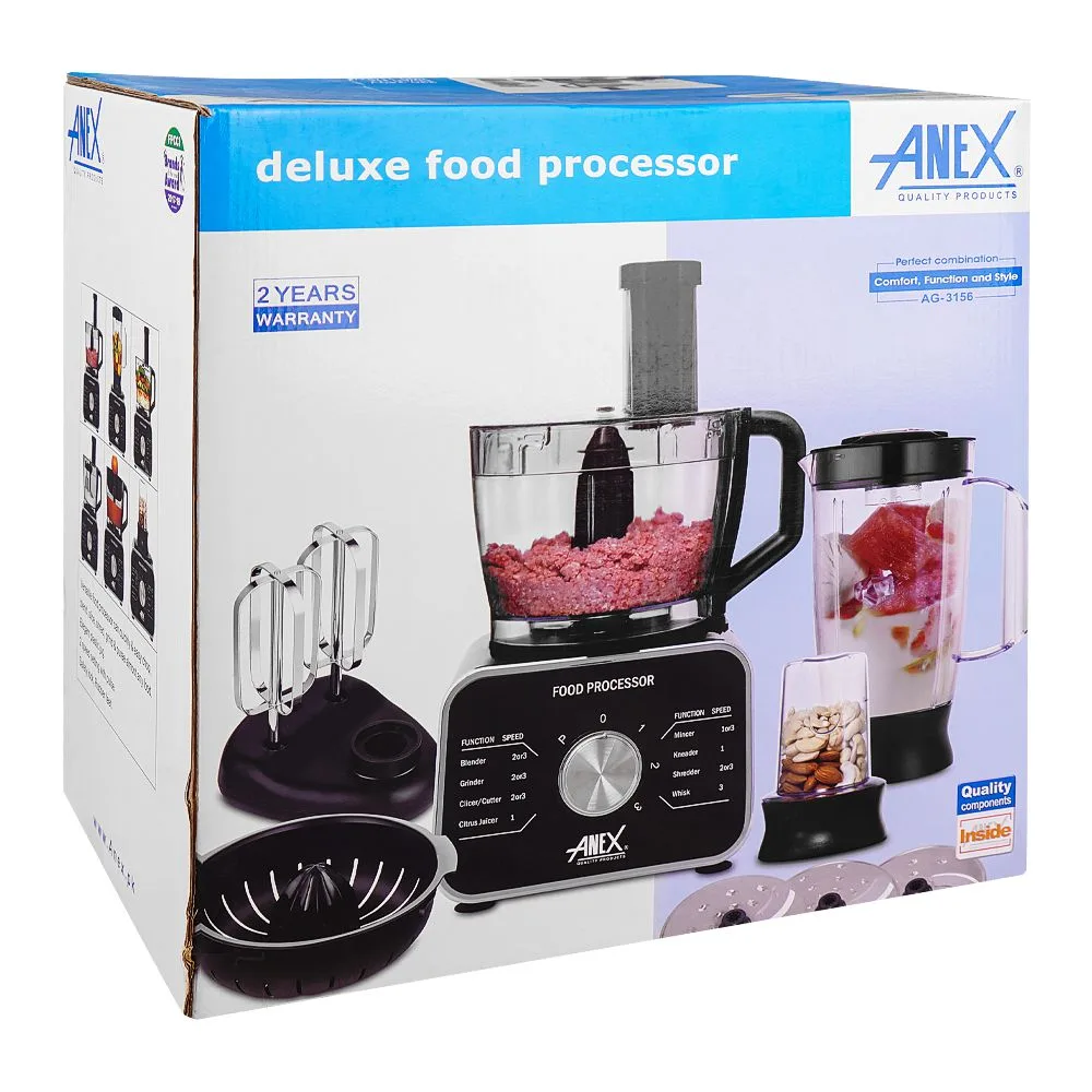 Side view of anex deluxe food processor, 800-1100w, black, ag-3156