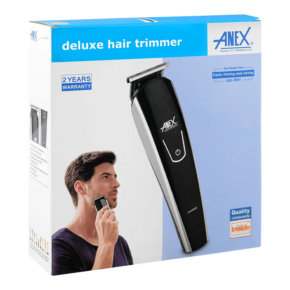 Side view of anex deluxe hair trimmer, 2.4w, 220-240v, ag-7061