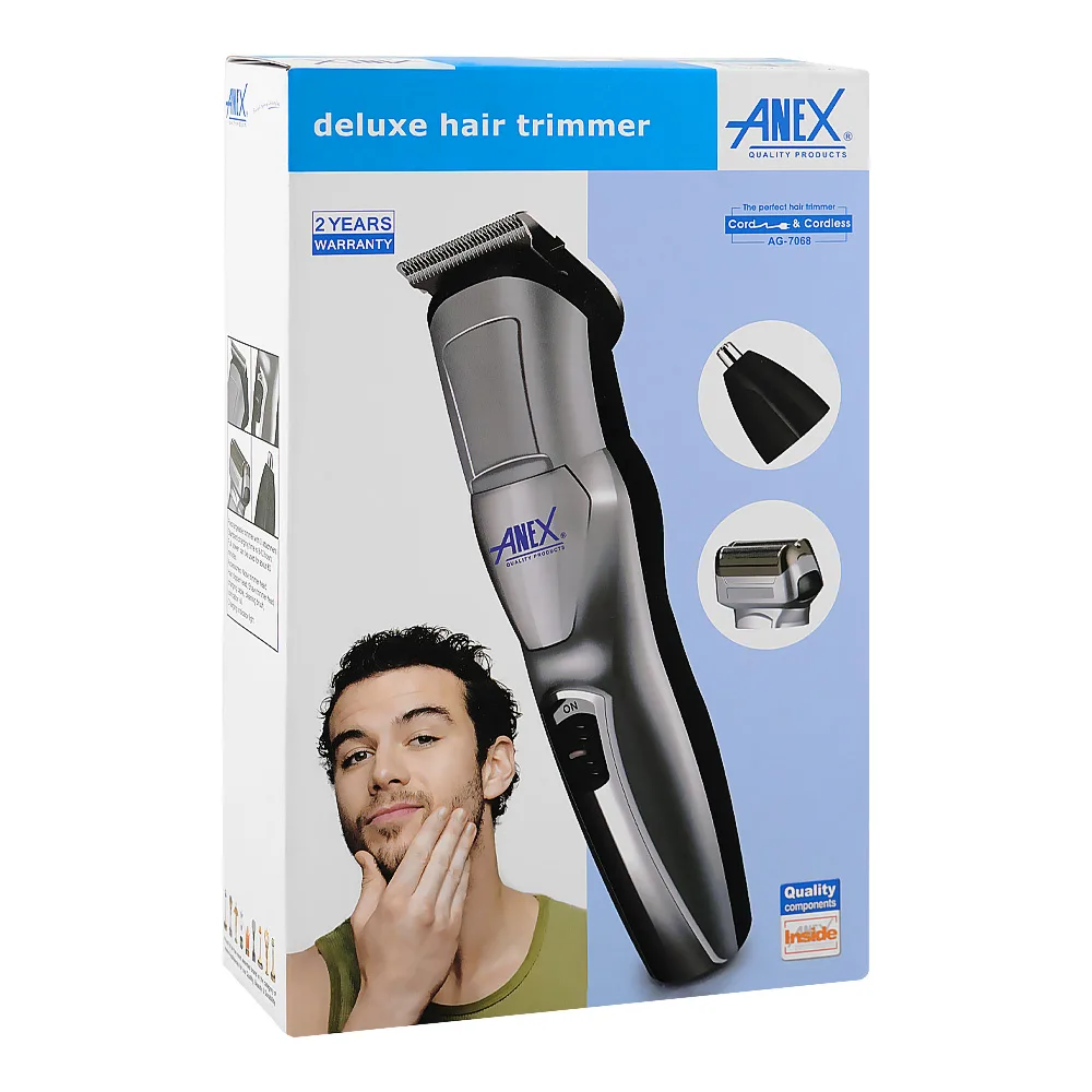 Side view of anex deluxe hair trimmer, 3w, 100-240v, 60 mins run time, ag-7068