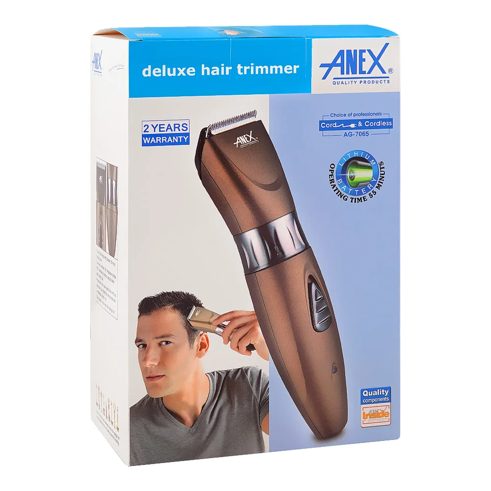 Side view of anex deluxe hair trimmer, 5w, 55 mins run time, ipx4 washable, ag-7065