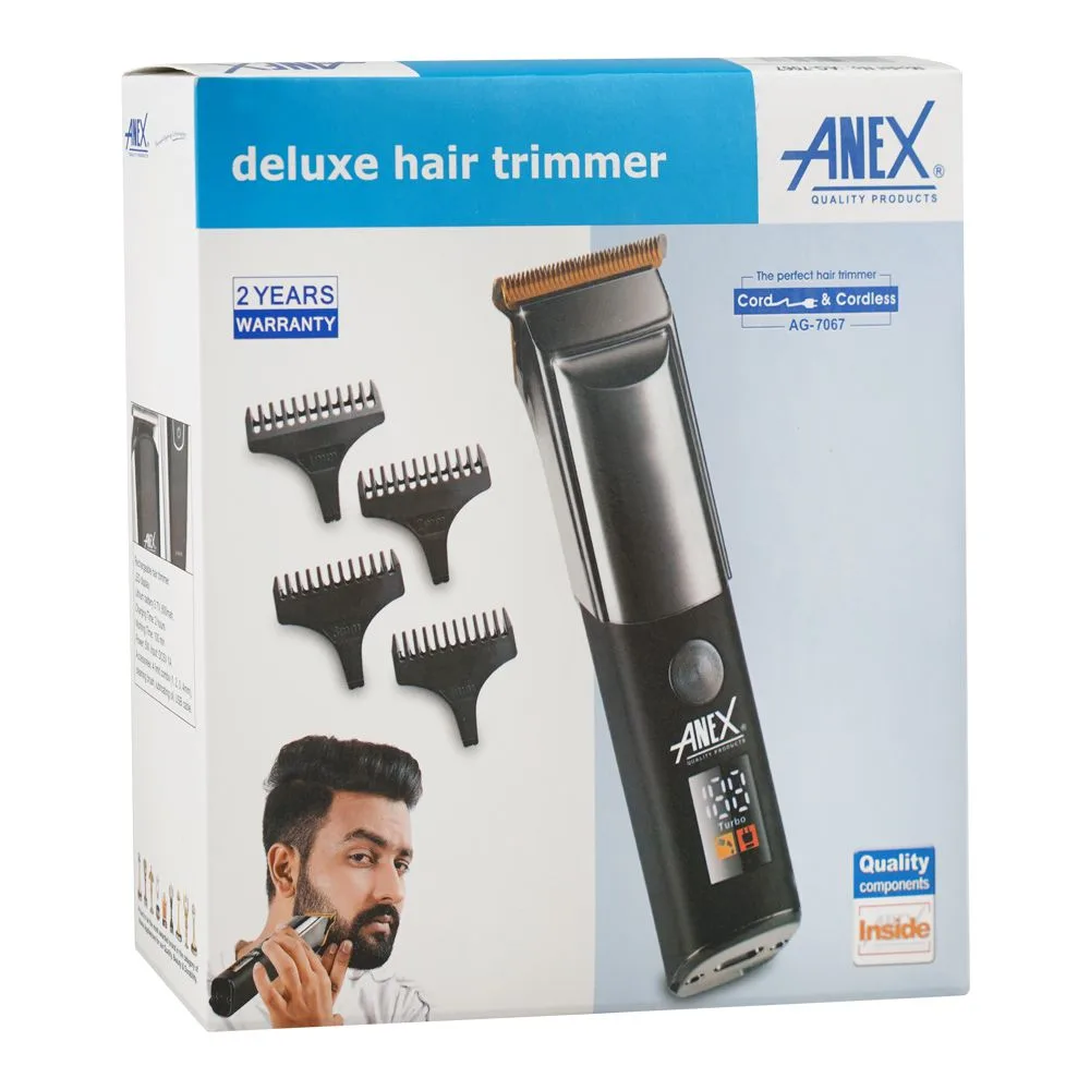 Side view of anex deluxe hair trimmer, 600mah battery, 100 minutes run time, ag-7067