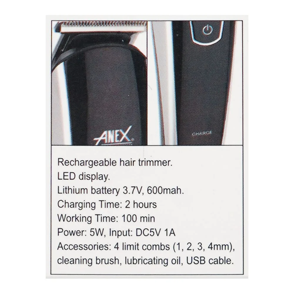 Close-up design of anex deluxe hair trimmer, 600mah battery, 100 minutes run time, ag-7067