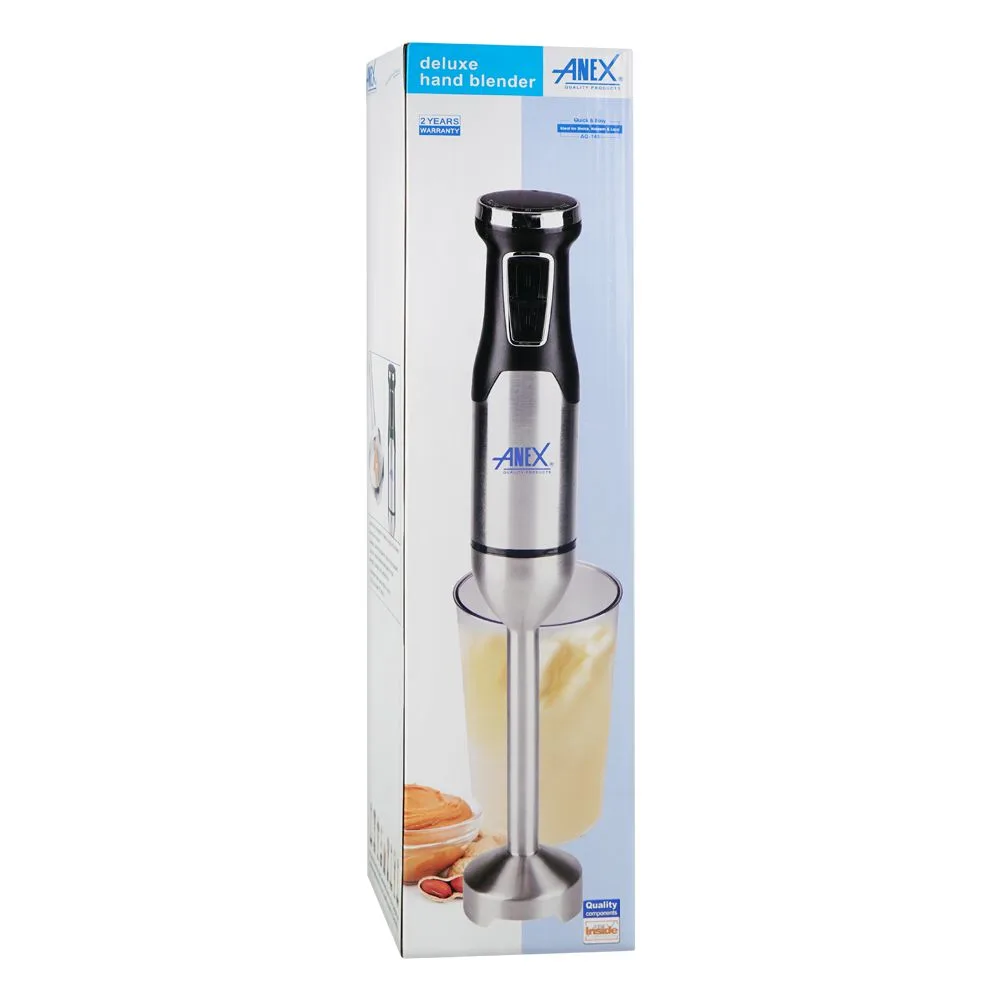 Side view of anex deluxe hand blender with beaker, dc1000w, black, ag-145