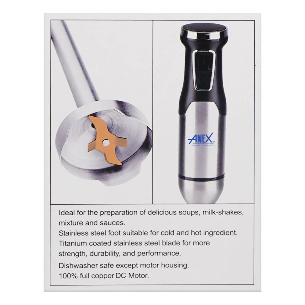 Close-up design of anex deluxe hand blender with beaker, dc1000w, black, ag-145