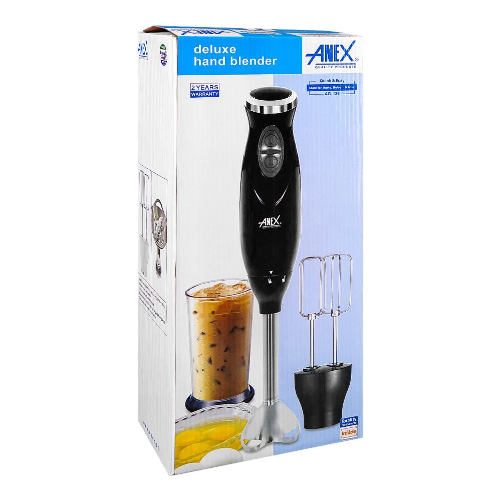 Side view of anex deluxe hand blender with beater, 300w, black, ag-126