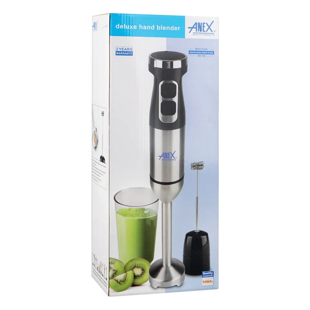 Side view of anex deluxe hand blender with milk frother & beaker, dc1000w, black, ag-144
