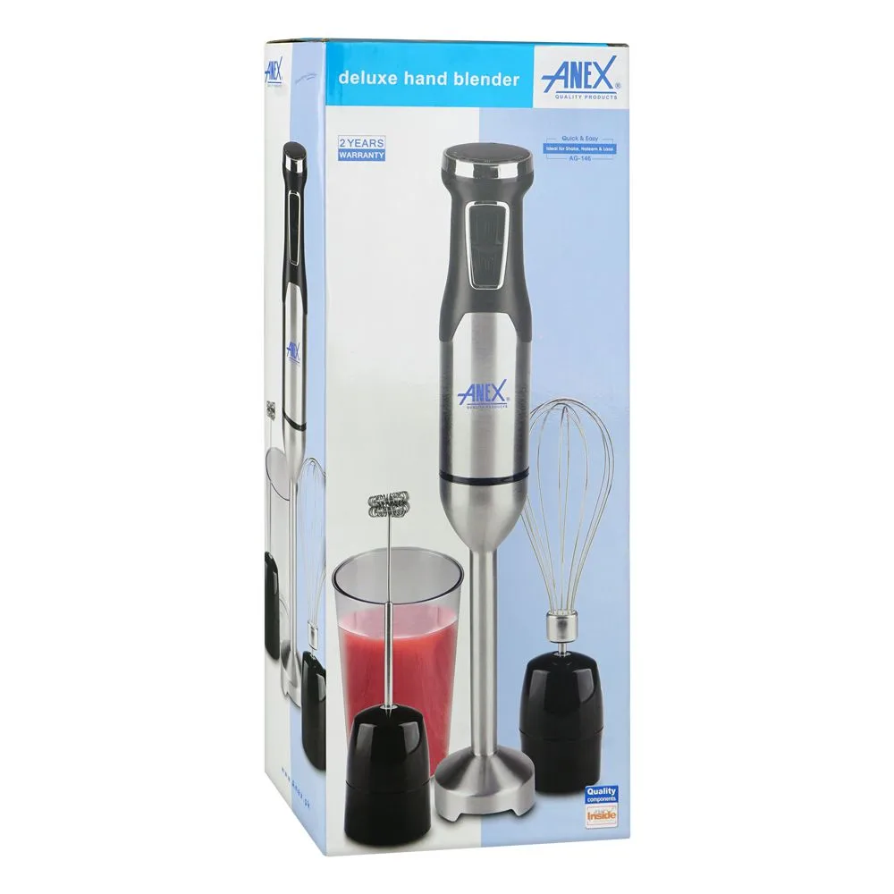 Side view of anex deluxe hand blender with milk frother, whisk (egg beater) & beaker, dc1000w, black, ag-146