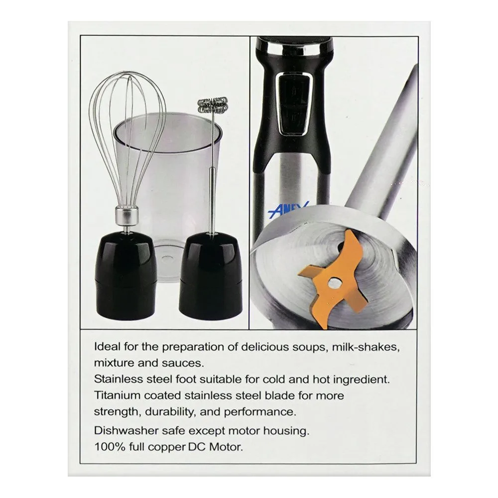 Close-up design of anex deluxe hand blender with milk frother, whisk (egg beater) & beaker, dc1000w, black, ag-146