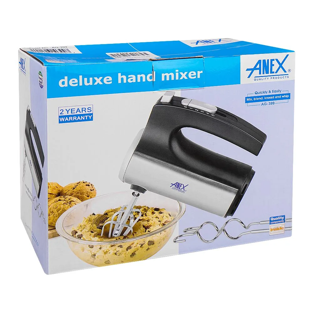 Side view of anex deluxe hand mixer, 250w, black & silver, ag-399