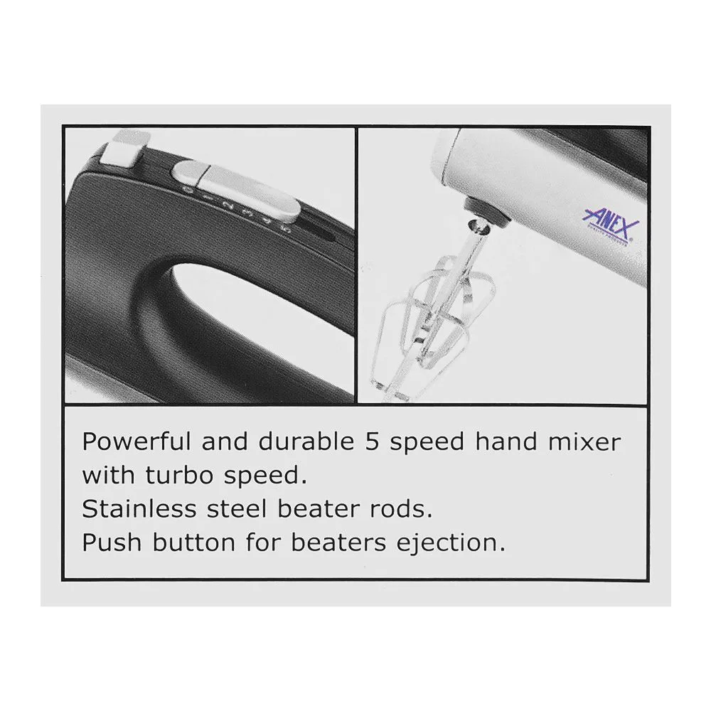 Close-up design of anex deluxe hand mixer, 250w, black & silver, ag-399
