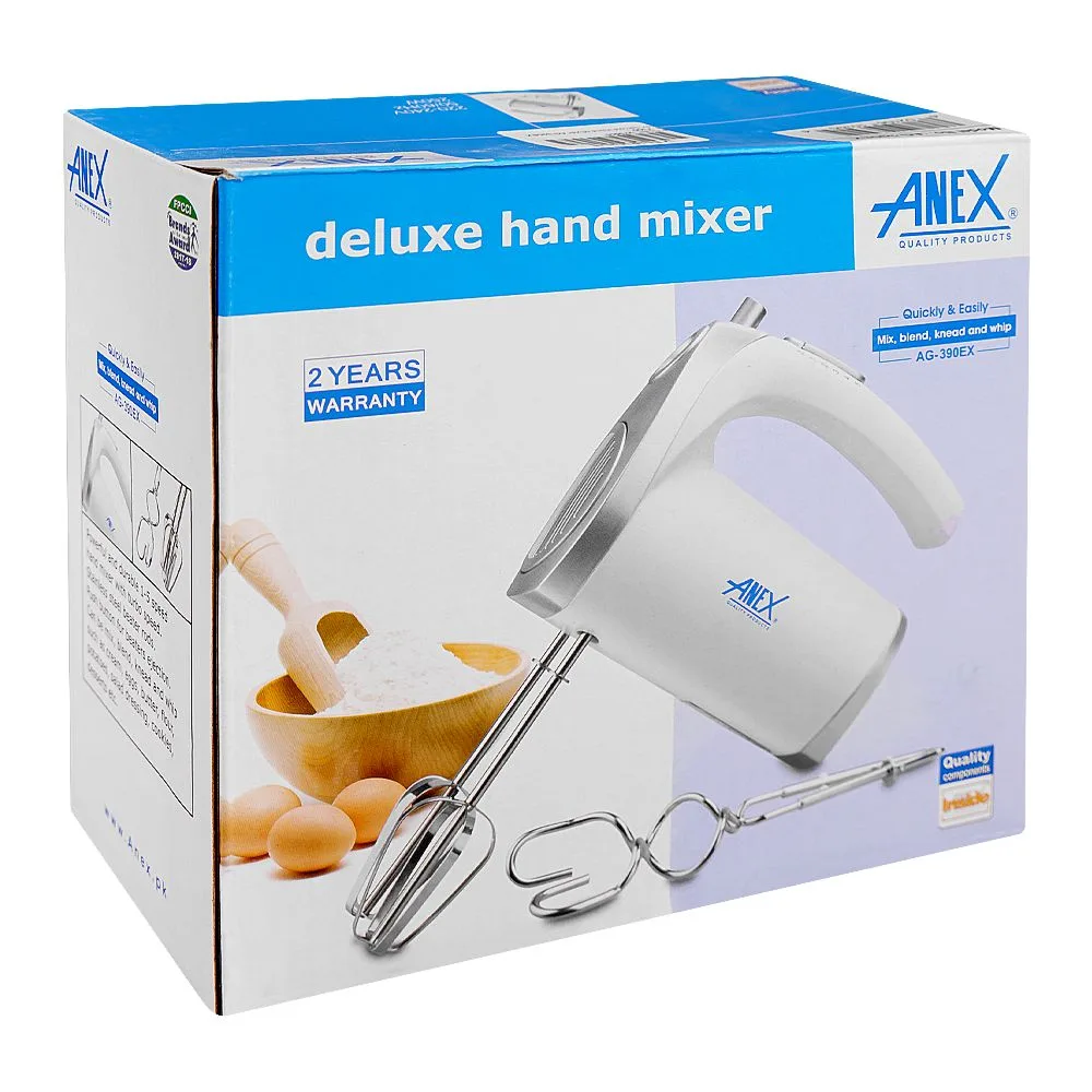 Side view of anex deluxe hand mixer, 250w, white, ag-390ex
