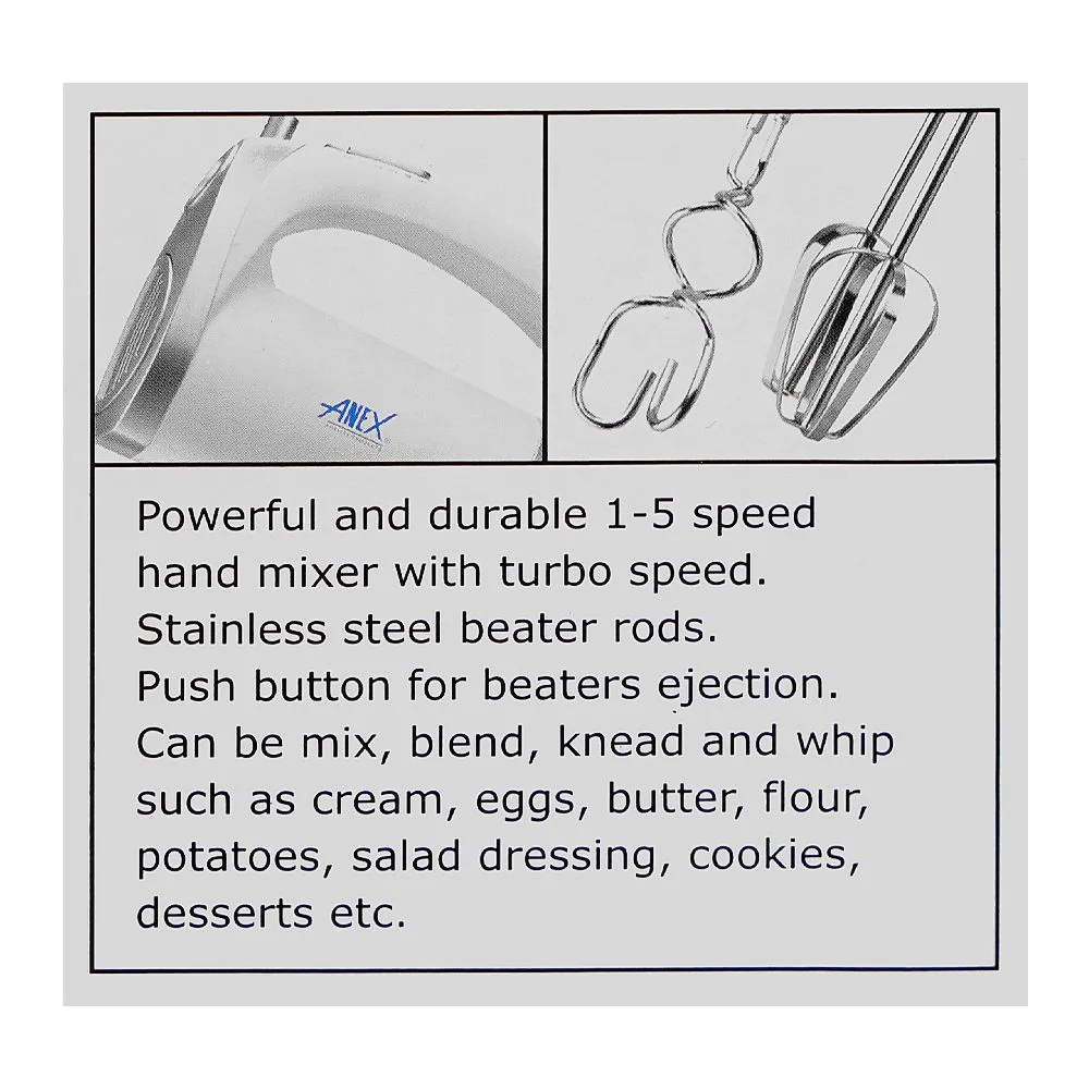 Close-up design of anex deluxe hand mixer, 250w, white, ag-390ex