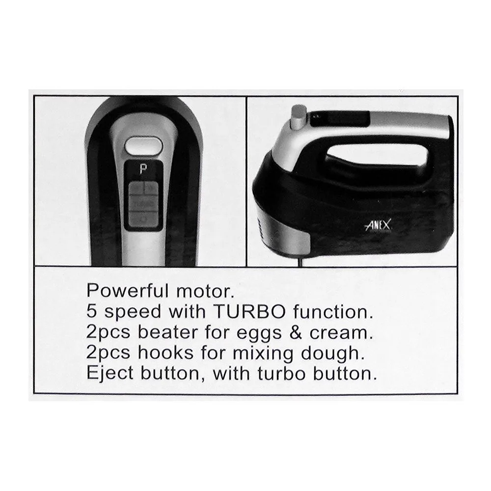 Close-up design of anex deluxe hand mixer, 300w, 220-240v, ag-823