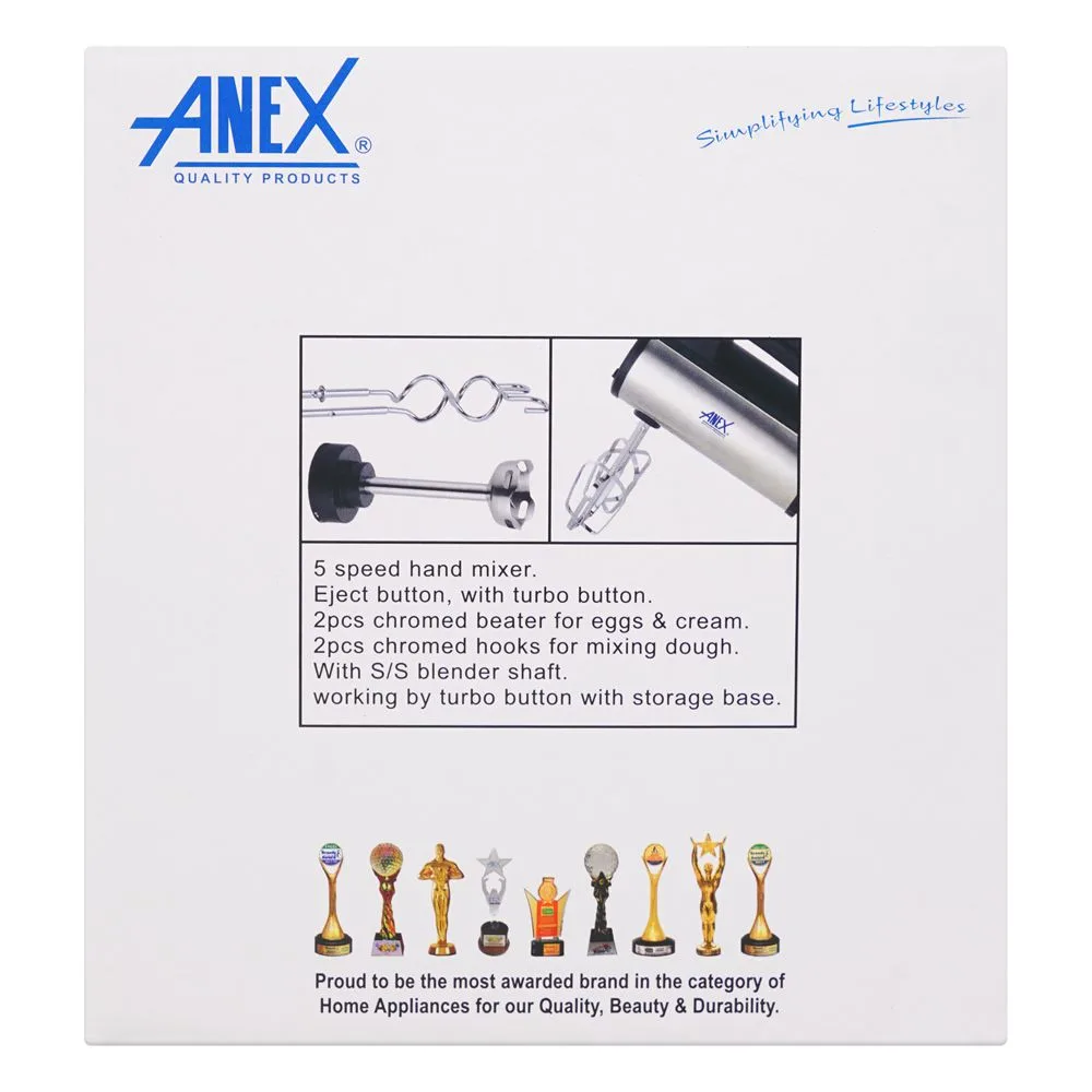 Close-up design of anex deluxe hand mixer, 300w, black/silver, ag-398