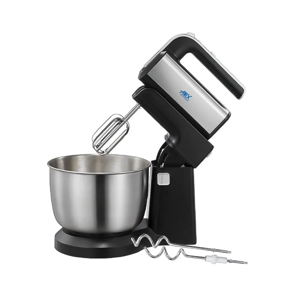Anex Deluxe Hand Mixer with Bowl, 2 Chrome Beater & Dough Hook, 300W, 3.5 Liter Bowl, Black, AG-822