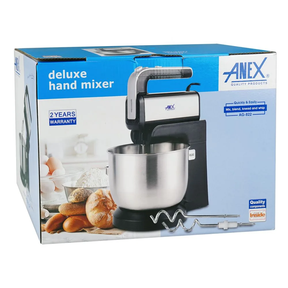 Side view of anex deluxe hand mixer with bowl, 2 chrome beater & dough hook, 300w, 3.5 liter bowl, black, ag-822