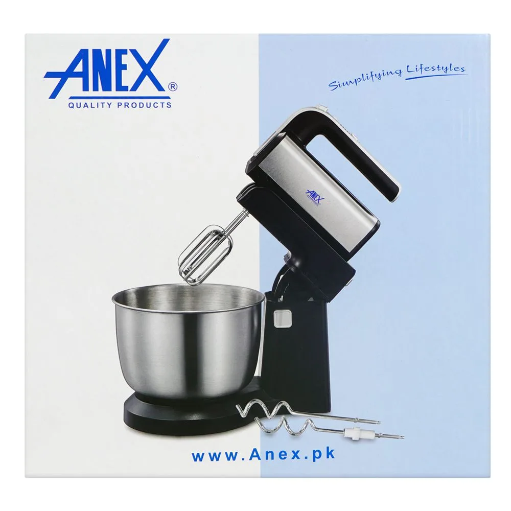 Comfortable casual anex deluxe hand mixer with bowl, 2 chrome beater & dough hook, 300w, 3.5 liter bowl, black, ag-822