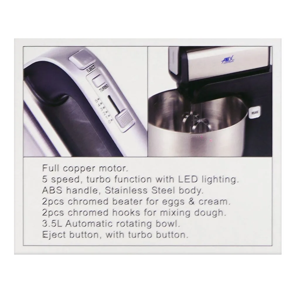 Close-up design of anex deluxe hand mixer with bowl, 2 chrome beater & dough hook, 300w, 3.5 liter bowl, black, ag-822