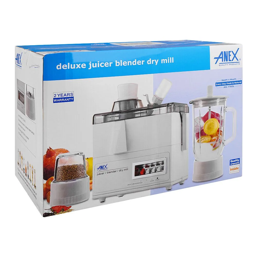 Side view of anex deluxe juicer, blender & dry mill, 600w, 1000ml container, white, ag-176gl
