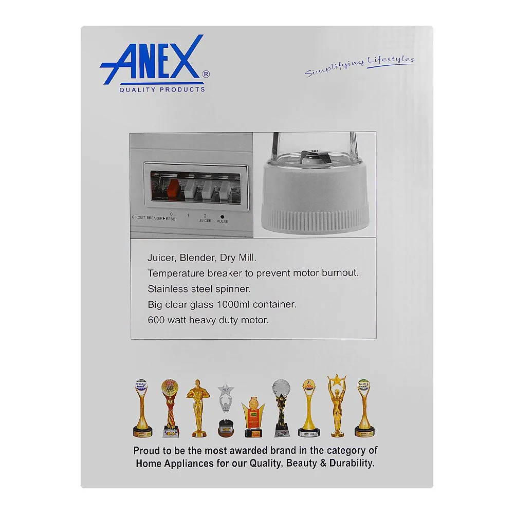 Comfortable casual anex deluxe juicer, blender & dry mill, 600w, 1000ml container, white, ag-176gl