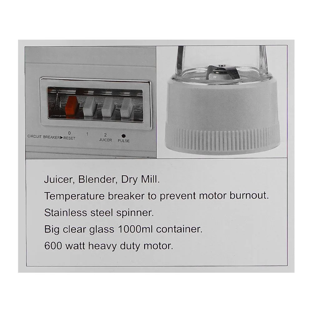 Close-up design of anex deluxe juicer, blender & dry mill, 600w, 1000ml container, white, ag-176gl