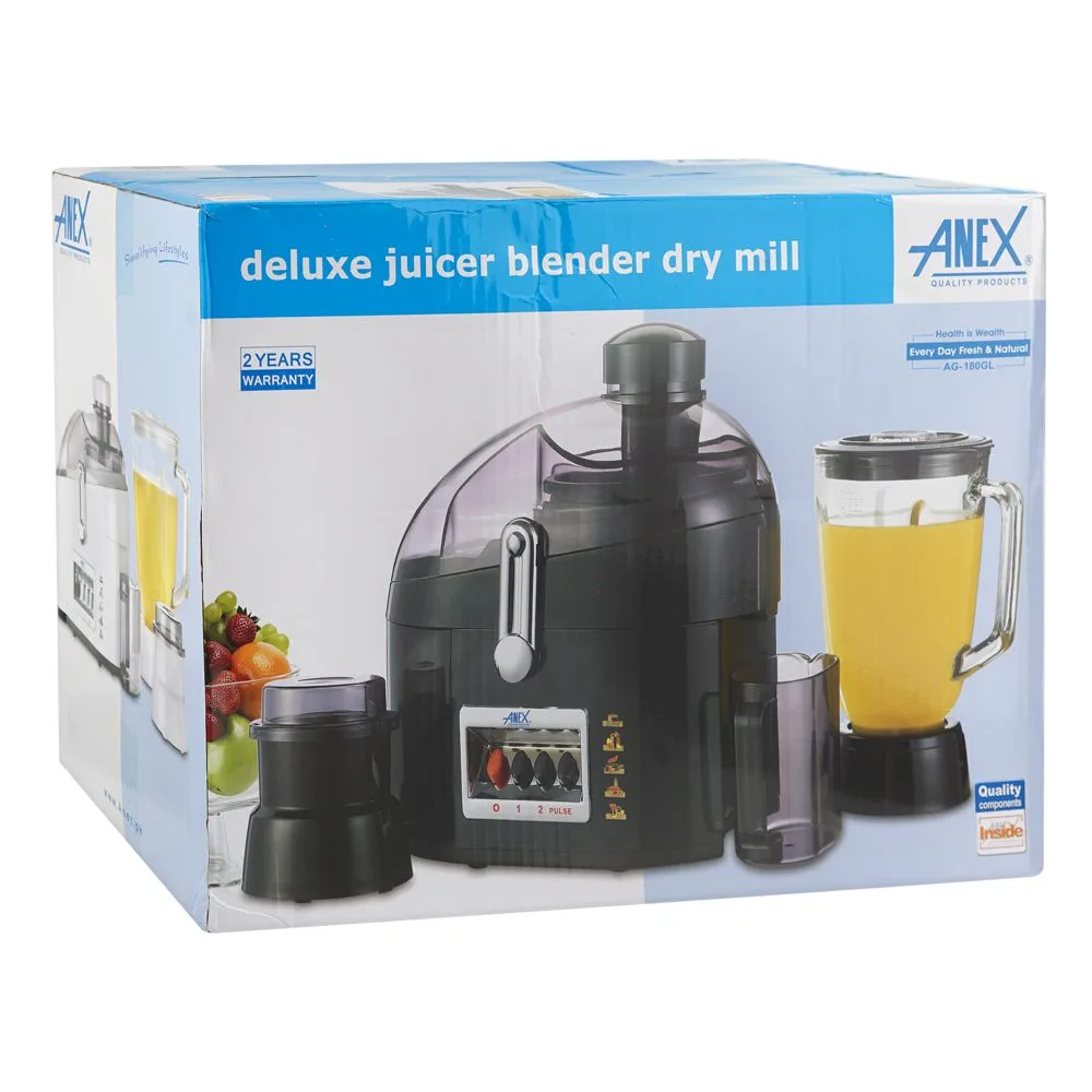 Side view of anex deluxe juicer blender dry mill, 600w, 220-240v, 500ml container, black, ag-180gl