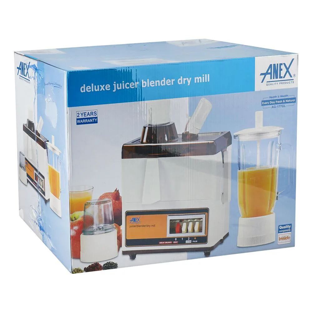 Side view of anex deluxe juicer blender dry mill, 600w, 220-240v, ag-177gl