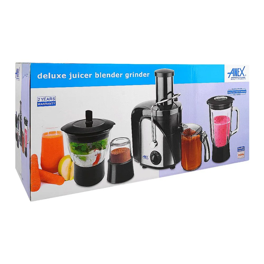 Side view of anex deluxe juicer, blender & grinder, 600w, black, ag-189