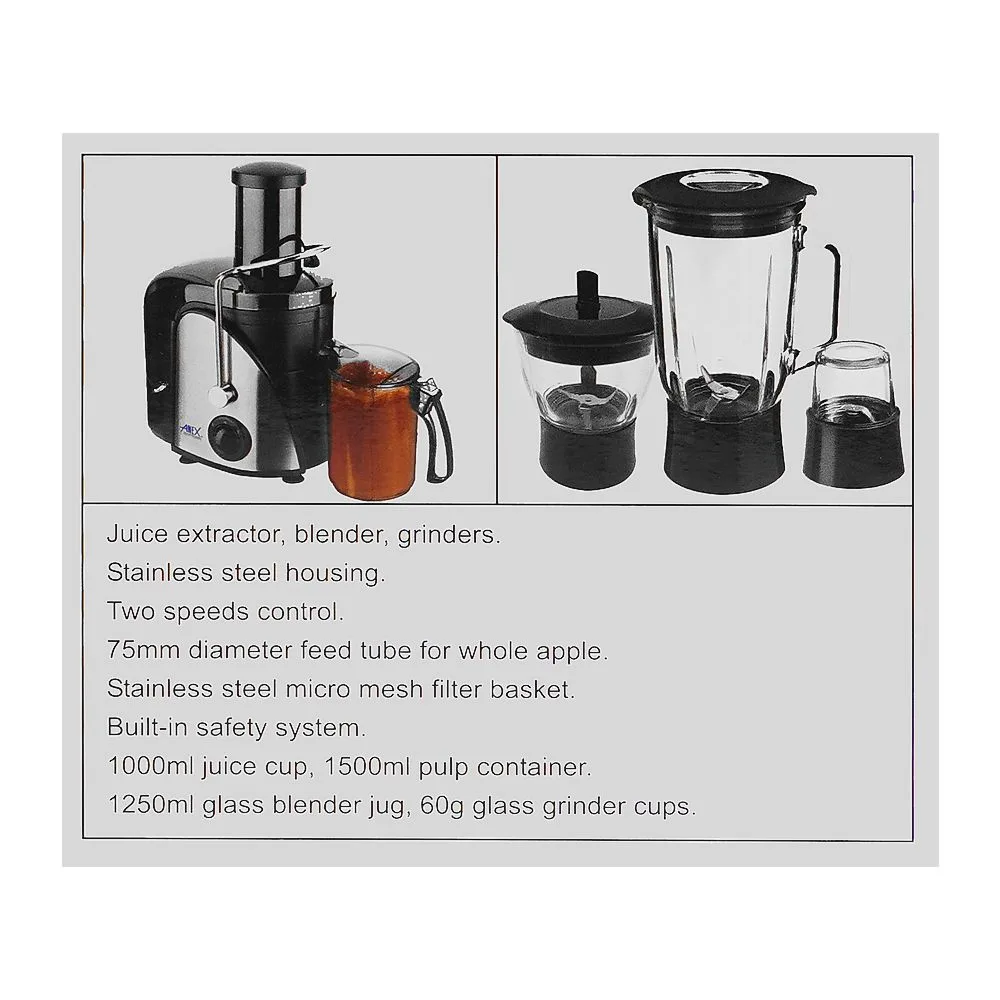 Close-up design of anex deluxe juicer, blender & grinder, 600w, black, ag-189