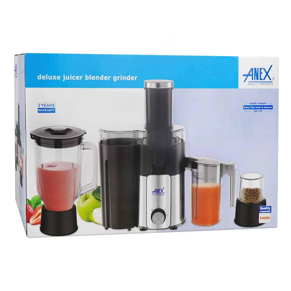 Side view of anex deluxe juicer blender grinder, 600w, black, ag-190
