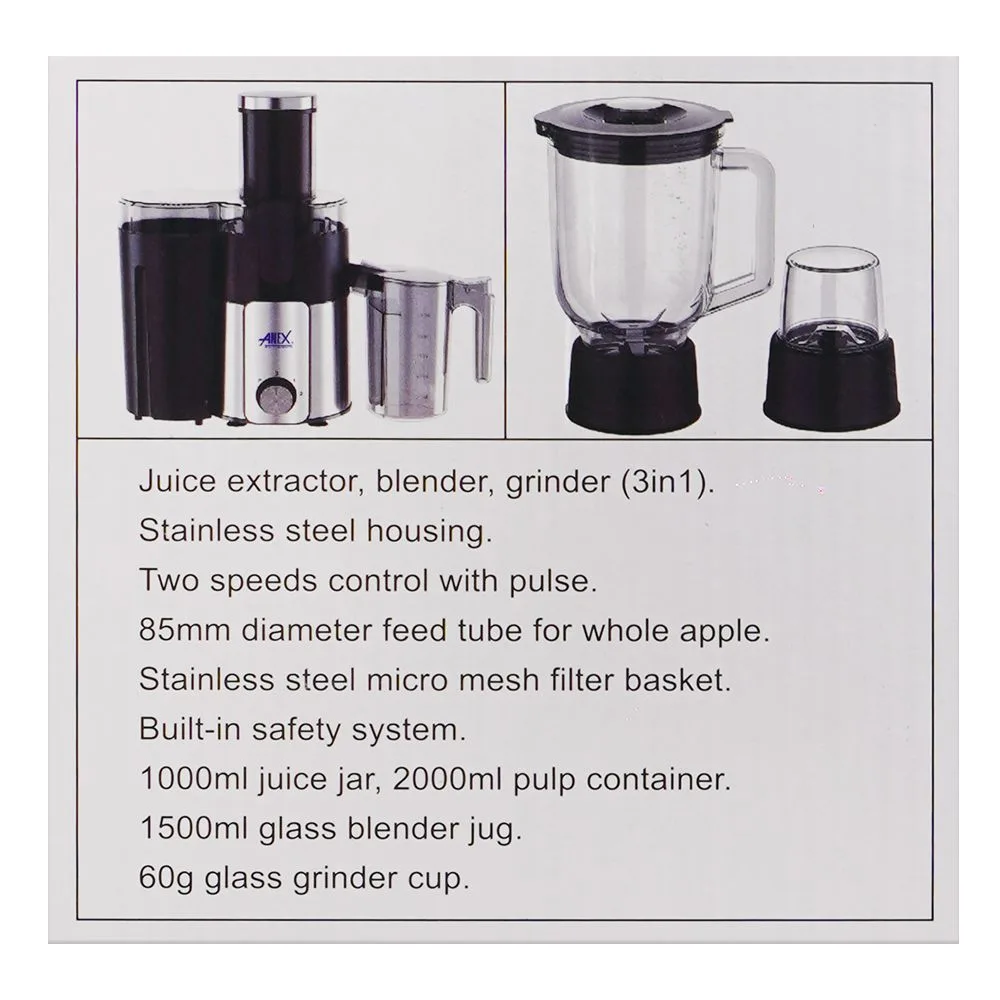 Close-up design of anex deluxe juicer blender grinder, 600w, black, ag-190