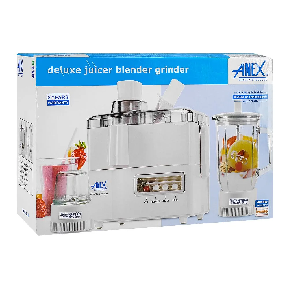 Side view of anex deluxe juicer, blender & grinder, 600w, white, ag-178gl