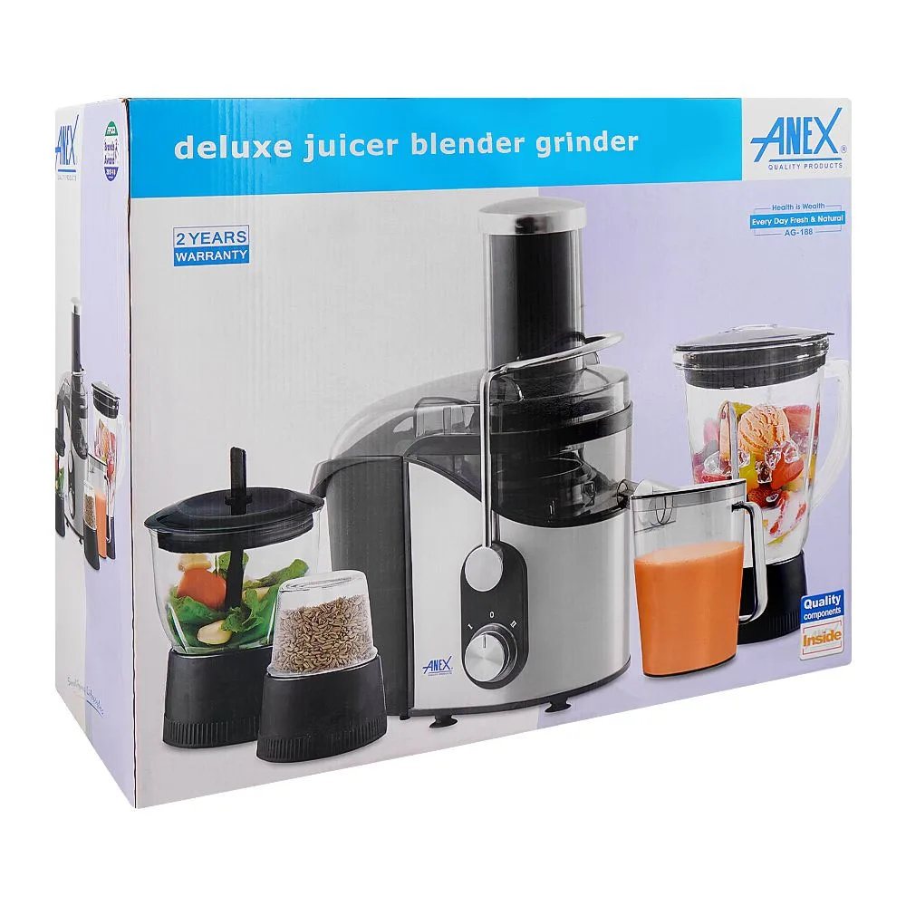 Side view of anex deluxe juicer, blender & grinder, 800w, 1700ml pulp & 500ml juice container, black, ag-188