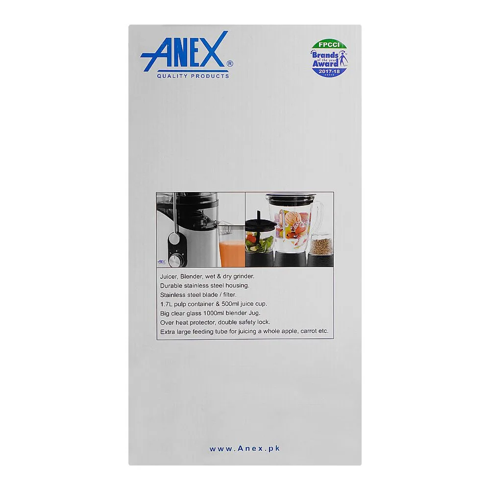 Comfortable casual anex deluxe juicer, blender & grinder, 800w, 1700ml pulp & 500ml juice container, black, ag-188