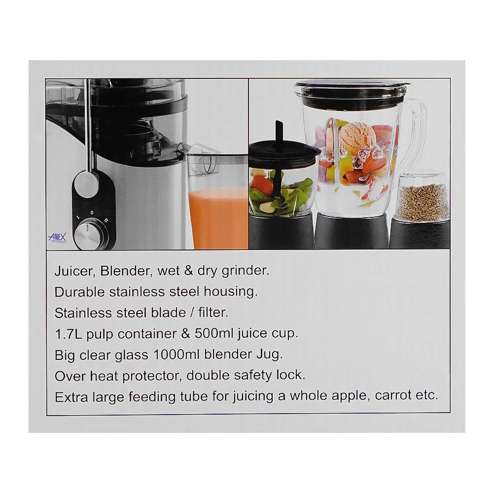 Close-up design of anex deluxe juicer, blender & grinder, 800w, 1700ml pulp & 500ml juice container, black, ag-188