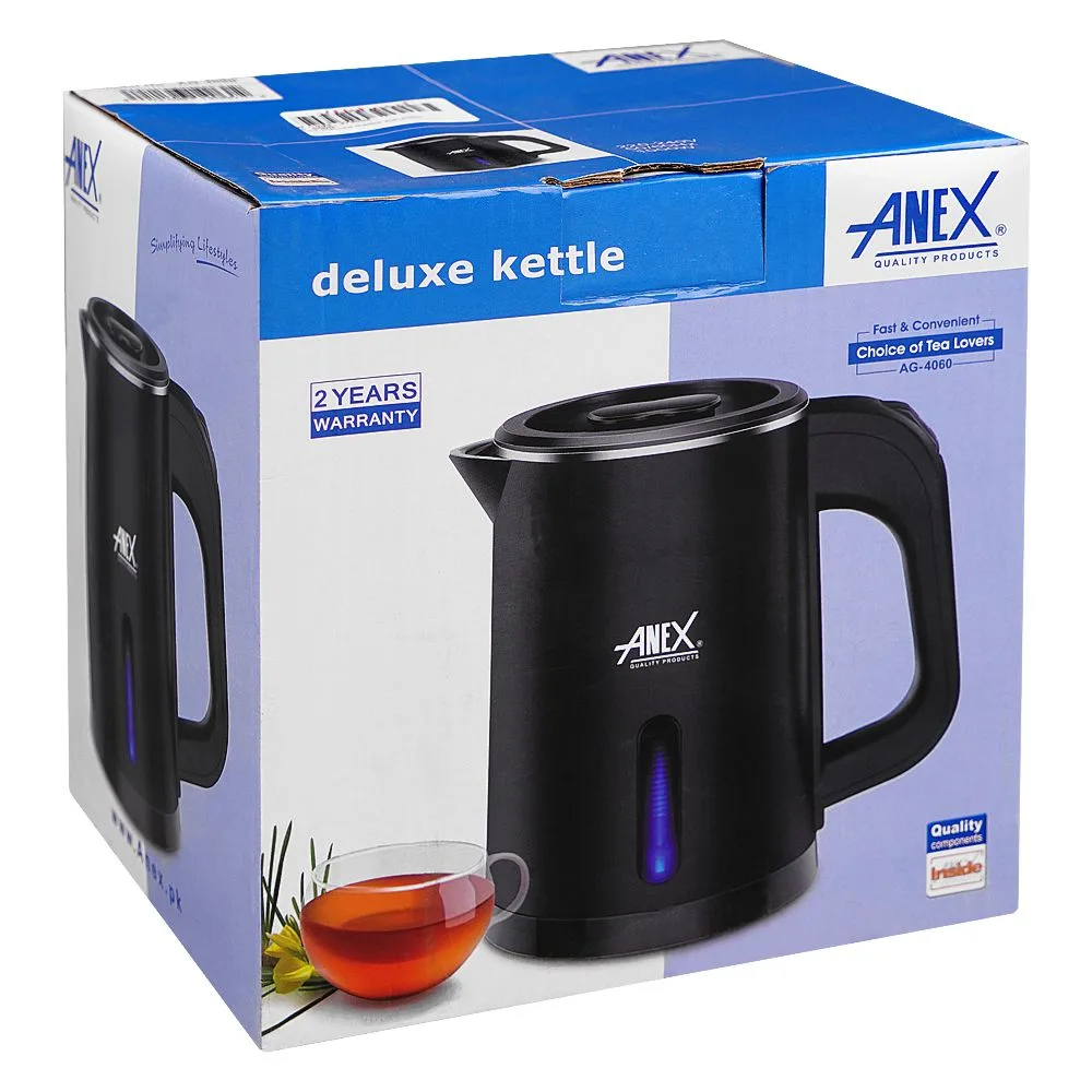 Side view of anex deluxe kettle, 1000w, 800ml capacity, black, ag-4060