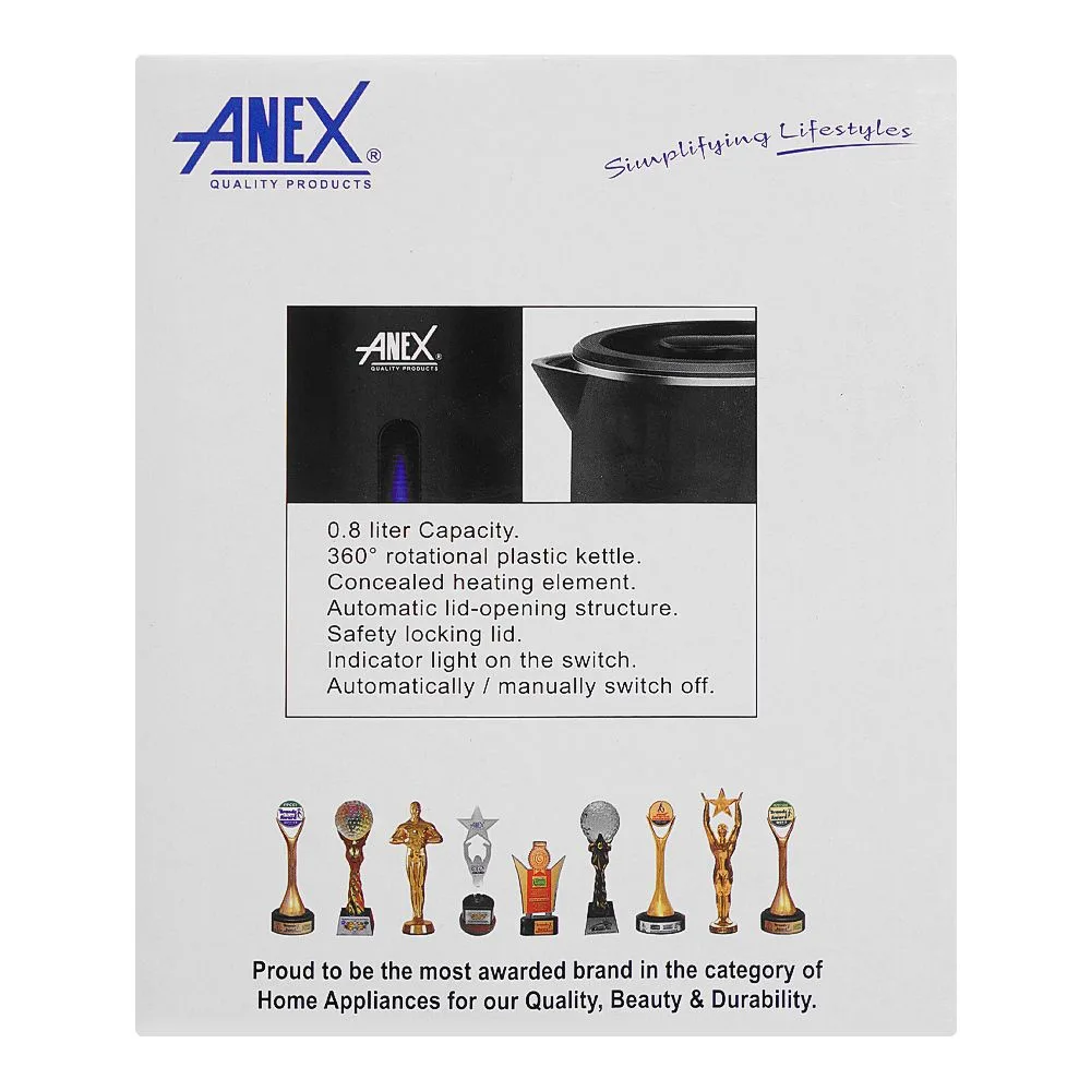 Comfortable casual anex deluxe kettle, 1000w, 800ml capacity, black, ag-4060