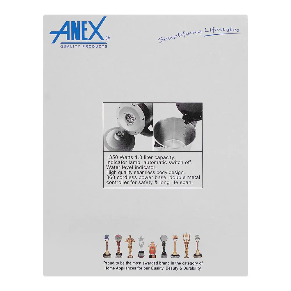 Close-up design of anex deluxe kettle, 1350w, 1000ml capacity, black & silver, ag-4053