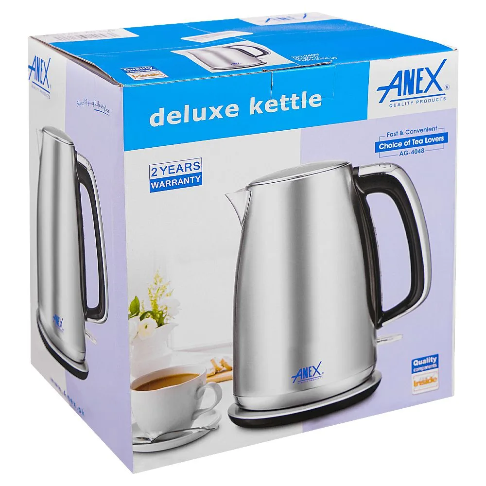 Side view of anex deluxe kettle, 1800-2150w, approx. 1700ml capacity, black & silver, ag-4048