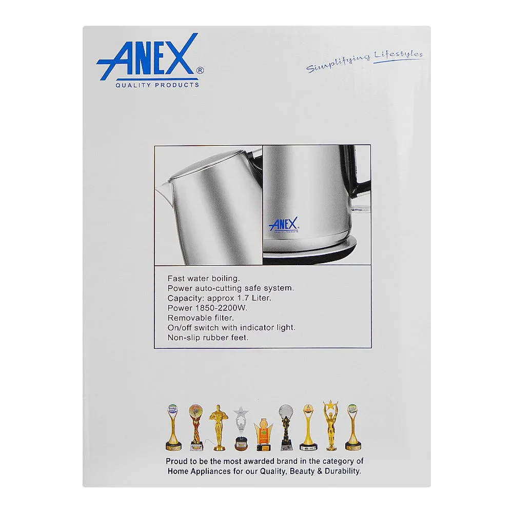 Comfortable casual anex deluxe kettle, 1800-2150w, approx. 1700ml capacity, black & silver, ag-4048