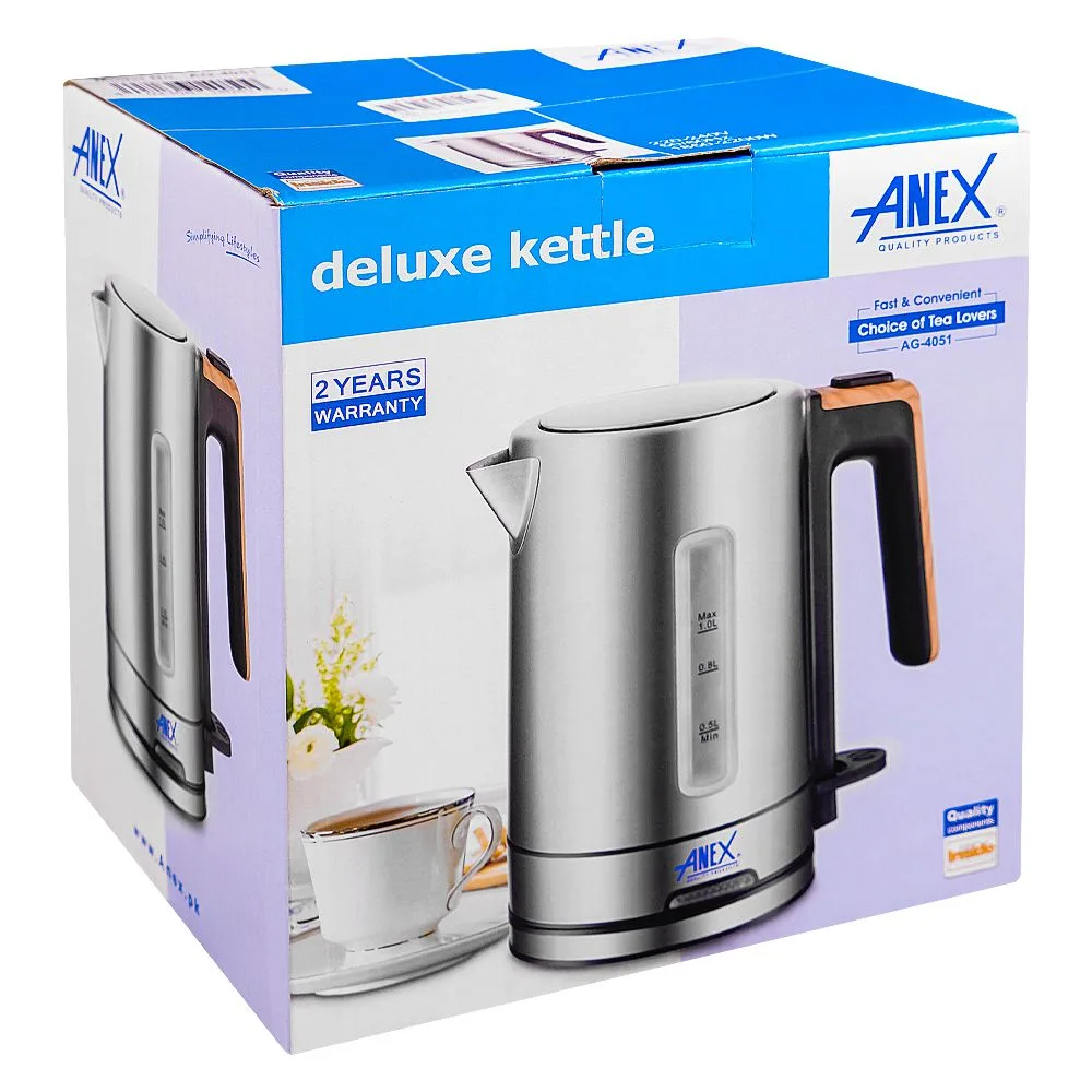 Side view of anex deluxe kettle, 1850-2200w, 1000ml capacity, black & silver, ag-4051