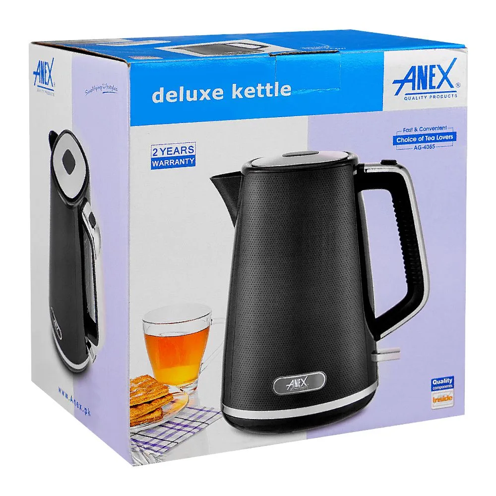 Side view of anex deluxe kettle, 1850-2200w, 1700ml capacity, black, ag-4065