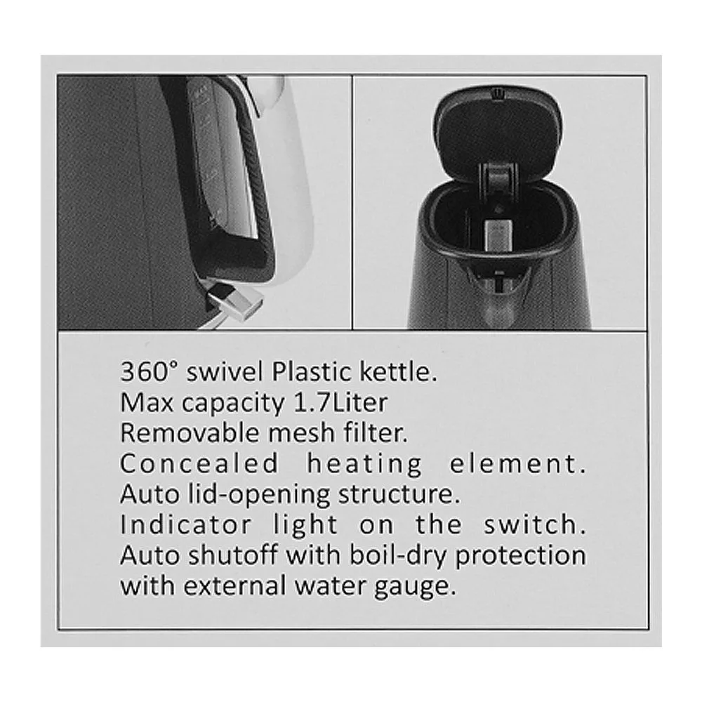 Close-up design of anex deluxe kettle, 1850-2200w, 1700ml capacity, black, ag-4065