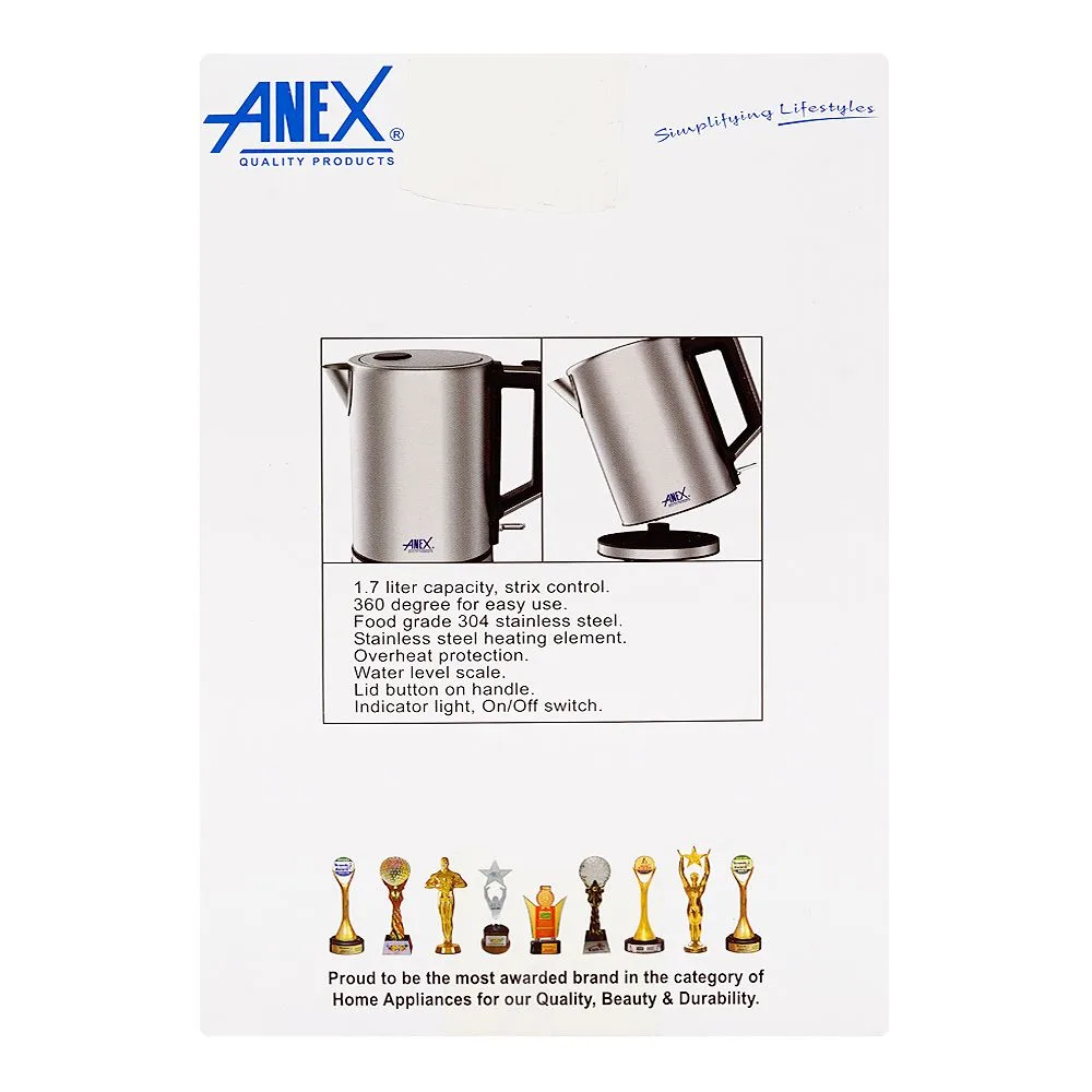 Close-up design of anex deluxe kettle, 1850-2200w, 22-240v, 1.7 liter capacity, ag-4071
